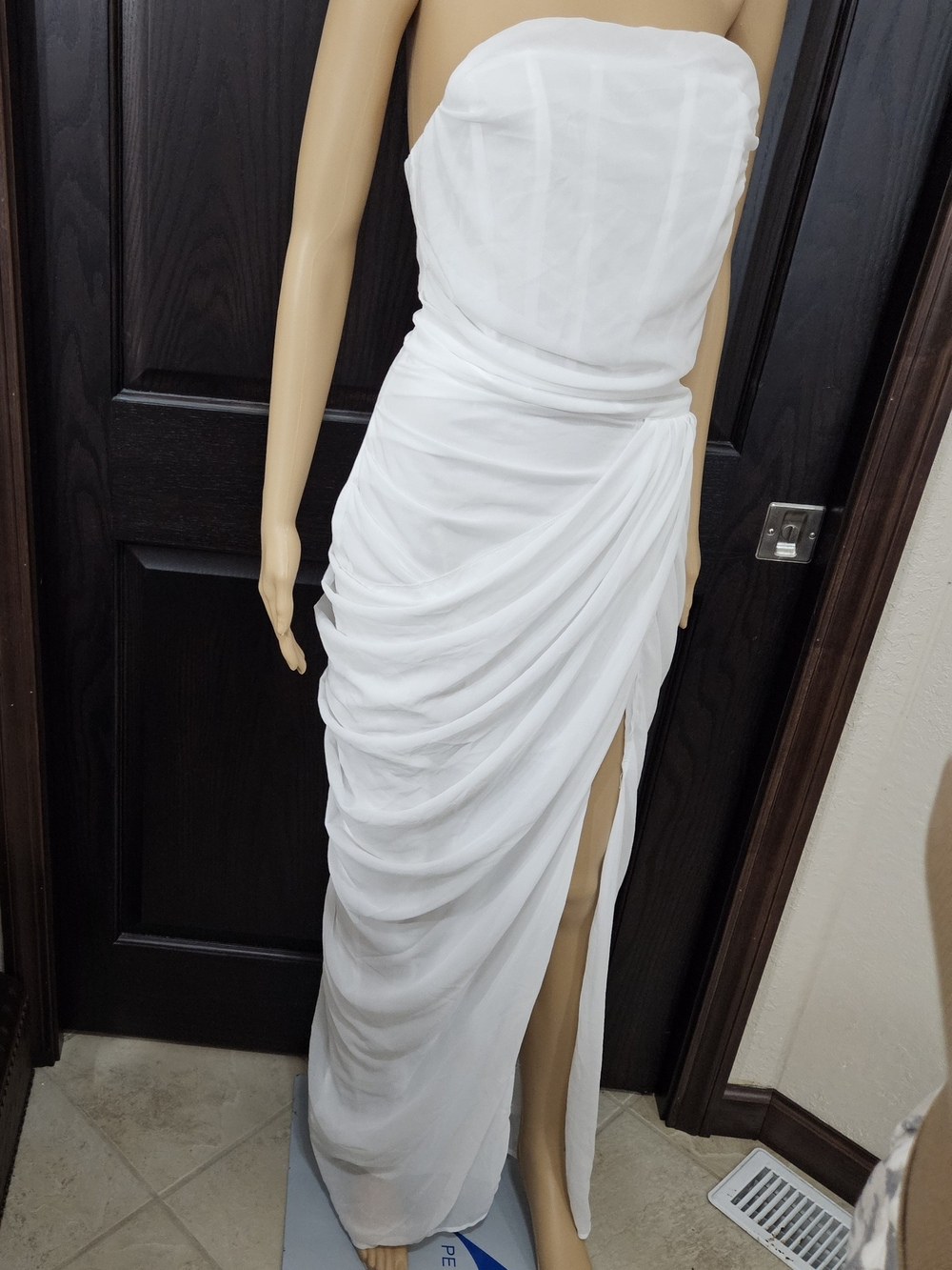 Boned Corset Strapless White Ruched Drape Maxi Dress